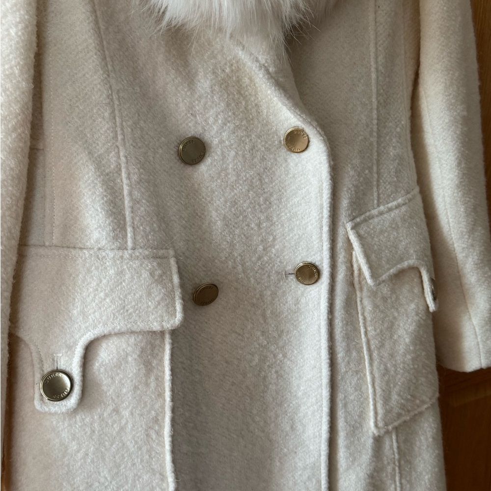 Guess White Double-Breasted Pea Coat with Faux Fur Collar - Picture 6 of 8